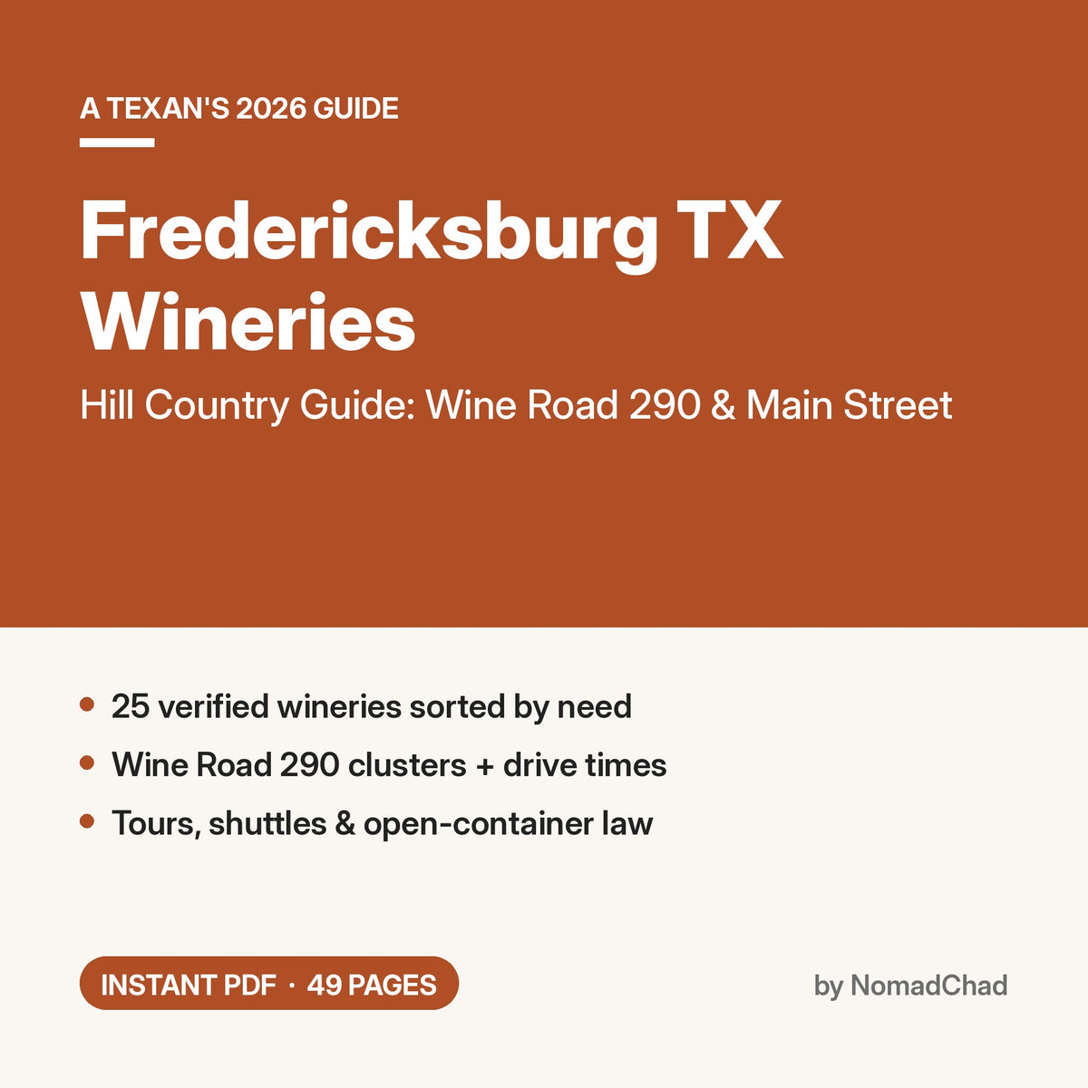 Fredericksburg TX Wineries 2026: A Texan's Hill Country Guide PDF guide cover by NomadChad