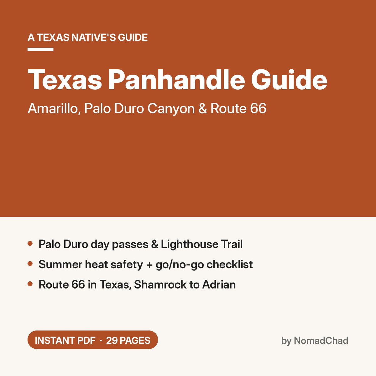 Texas Panhandle Guide 2026: Amarillo, Palo Duro Canyon & Route 66 PDF guide cover by NomadChad