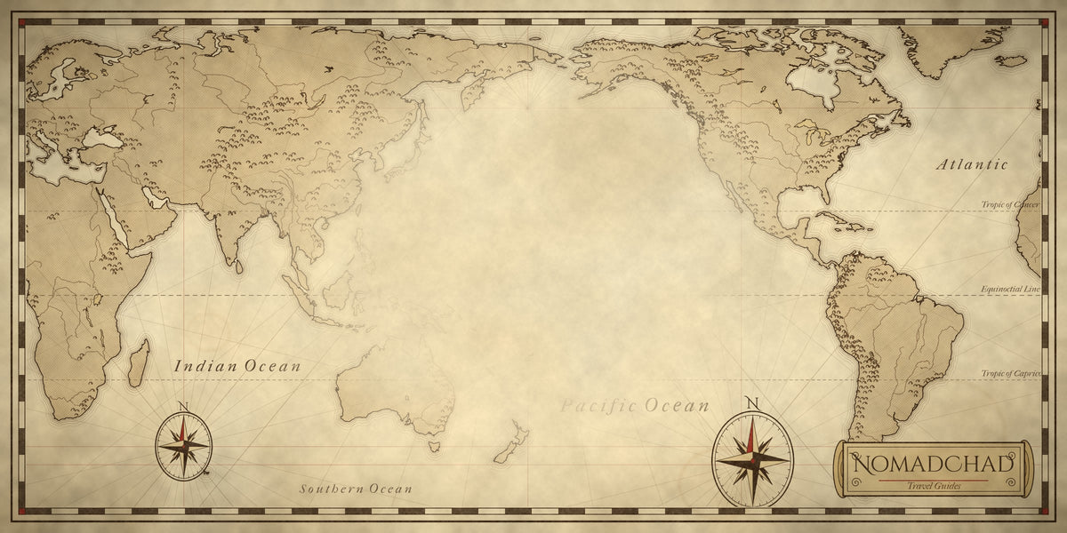 Antique-style world map on parchment with compass roses